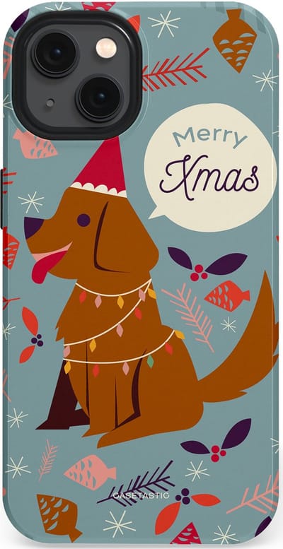Casetastic hoesje geschikt voor Apple iPhone 13 - MagSafe - Dubbellaagse bescherming - Merry Christmas Hond - Fashion Case - Zilver Bruin Saliegroen Rood