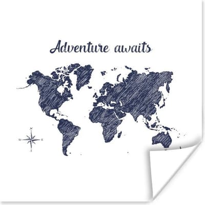 Poster 30x30 cm - Wereldkaart - Quote - Blauw - Posters - Kamer decoratie - Wanddecoratie woonkamer - Muurdecoratie slaapkamer