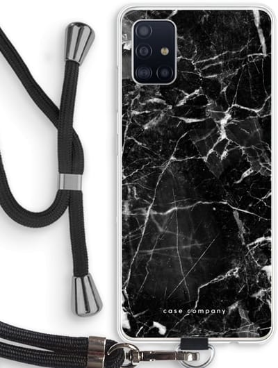 Case Company® - Hoesje met koord geschikt voor Samsung Galaxy A51 4G hoesje met Koord - Zwart Marmer - Telefoonhoesje met Zwart Koord - Bescherming aan alle Kanten en Over de Schermrand