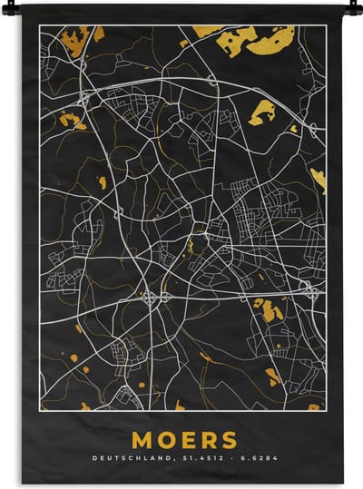 Wandkleed - Wanddoek - Moers - Plattegrond - Kaart - Stadskaart - Goud - Duitsland - 120x180 cm - Wandtapijt