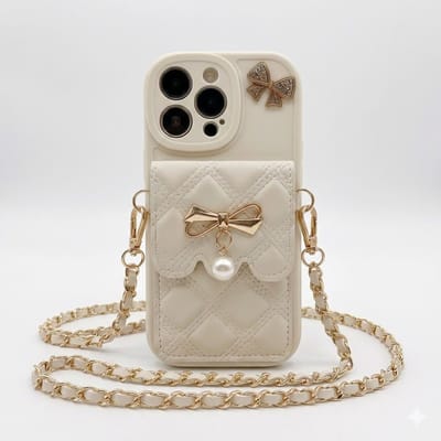 Crèmekleurig telefoon hoesje dames met quilt patroon, goudkleurige strik details en parel hanger, inclusief schouder ketting – geschikt voor iPhone 17 Pro Max – luxe backcover met opbergvak