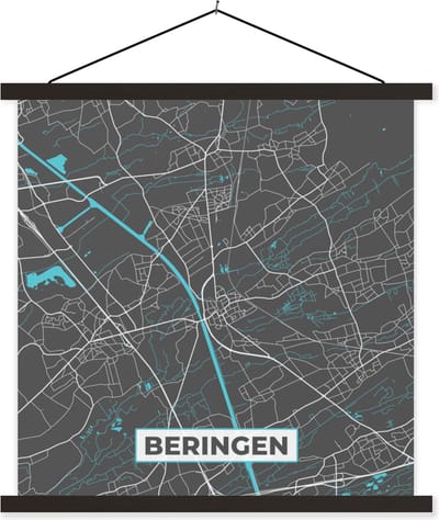 Posterhanger incl. Poster 60x60 cm - Schoolplaat - België – Beringen – Stadskaart – Kaart – Blauw – Plattegrond - Textielposter - Zwarte latten - Stadskaart