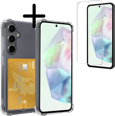 Hoesje Geschikt voor Samsung Galaxy A35 - Met Screenprotector - En Pashouder - En Kaarthouder - Telefoon Hoes Shockproof - Siliconen Case - Back Cover - Shock Proof - Pasjes Houder - Transparant