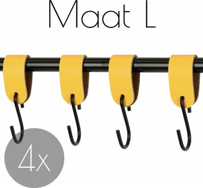 4x Leren S-haak hangers - Handles and more® | GEEL - maat L (Leren S-haken - S haken - handdoekkaakje - kapstokhaak - ophanghaken)