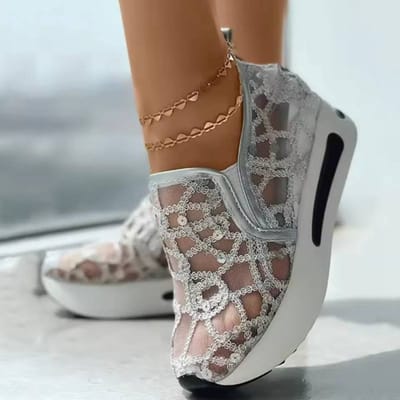 Dames Ademende Gebreide Mesh Sneakers Dames Tennisschoenen Puntige Platte Zool Enkele Schoenen Dames Sneakers Sandalias Planas 43 zilver
