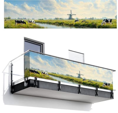Balkonscherm 500x120 cm - Balkonposter Koeien - Windmolen - Weide - Blauw - Balkon scherm decoratie - Balkonschermen - Balkondoek zonnescherm