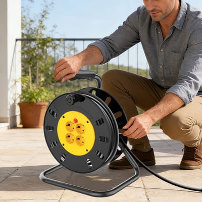 Verlengsnoer Van 50m, 4 Stopcontacten Met Standaard, Europese Stekker Van Molten, Lang Oprolbaar Verlengsnoer Voor in De Tuin, Doe-Het-Zelf en De Werkplaats