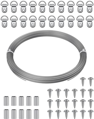 Draad voor het ophangen van foto's, 30 m x 1 mm, RVS draad met D-ring haken, Geschikt voor 50 kg, Ideaal voor fotolijsten en sfeerverlichting