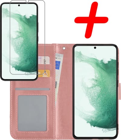 Hoesje Met Screenprotector - Geschikt voor Samsung Galaxy S22 - Luxe Pasjeshouder - Bookcase Portemonee - Flip Case - Kunstleer Book Case - Flipcase - Book Cover - Walletcase - Portemonneehoes - Rosé goud