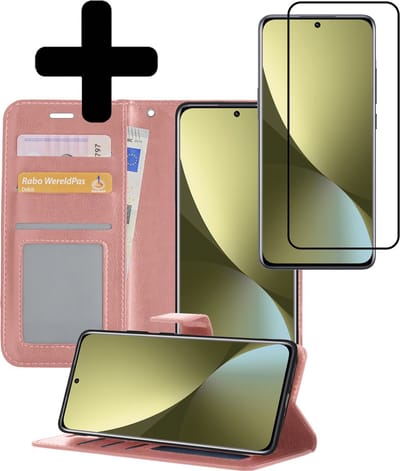 Hoesje - Met Screenprotector - Geschikt voor Xiaomi 12 - Luxe Pasjeshouder - Bookcase Portemonee - Flip Case - Kunstleer Book Case - Flipcase - Book Cover - Walletcase - Portemonneehoes - Telefoonhoesjes - Rosé goud