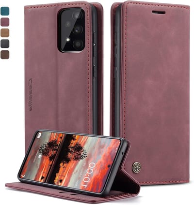 Premium Leren Flip Case voor Samsung A33 met Vouwbare Kickstand en Kaartsleuven, Schokbestendig en Vintage Design in Wijnrood