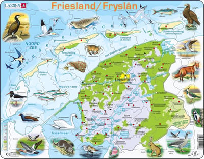 Larsen Friesland geografisch met dieren – Puzzel – Kaarten & Geografie – Nederland – Educatieve legpuzzel voor kinderen – 64 stukjes – Gemaakt in Noorwegen – Extra dikke 2,5 mm stukjes – Tray met vaste rand