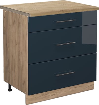 Vicco Fame-Line Keukenkasten – 80 cm met 3 laden, WB Eik Donkerblauw hoogglans