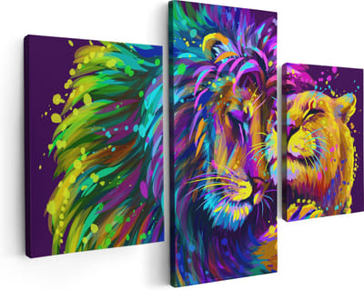 Artaza Canvas Schilderij Drieluik Gekleurde Leeuw En Leeuwin - Abstract - 90x60 - Foto Op Canvas - Canvas Print