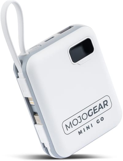MOJOGEAR MINI GO 10.000 mAh Powerbank met ingebouwde kabels (USB-C en Lightning) - Tot 4 apparaten tegelijk opladen - Broekzakformaat - LED-display - Wit