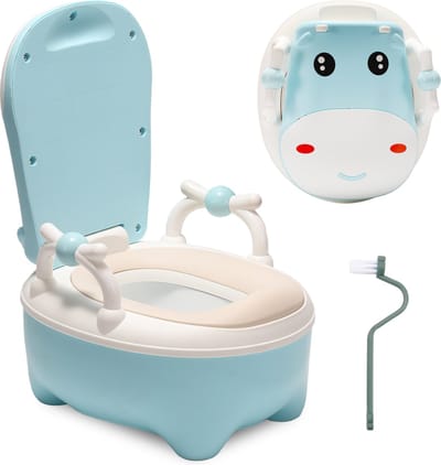 Plaspotje voor baby en peuter met koe design – antislip kinderpotje met zachte zitting, 0-6 jaar - blauw