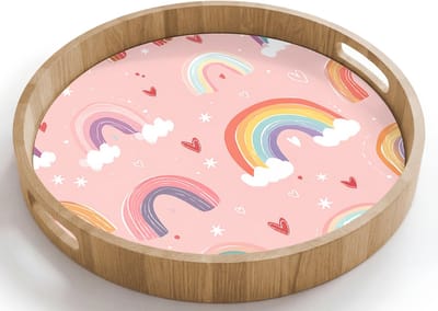 Dienblad rond 40x40 cm - Schootdienblad hout - Regenboog - Patroon - Pastel - Borrelplank rechthoek - Plateau houten dienbladen