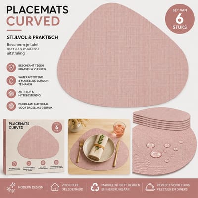 Wicotex - Placemats Zak curved Terra per 6 stuks - Placemats Taupe - Placemats antislip - Placemats afmeting 34x42cm
