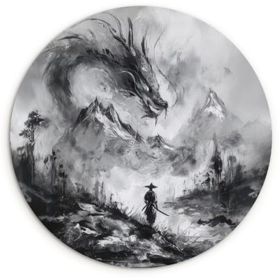 WallCircle® Wandcirkel 120x120 cm - Muurcirkel Krijger - Draak - Grijs - Muurdecoratie woonkamer - Wanddecoratie slaapkamer - Kamer decoratie accessoires - Ronde schilderijen XXL