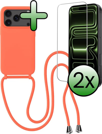 Hoes Geschikt voor iPhone 17 Pro / 18 Pro Hoesje Met Koord Met 2x Screenprotector - Telefoonhoesje Geschikt voor iPhone 17 Pro / 18 Pro Backcover Met Afneembaar Koord - Papaya