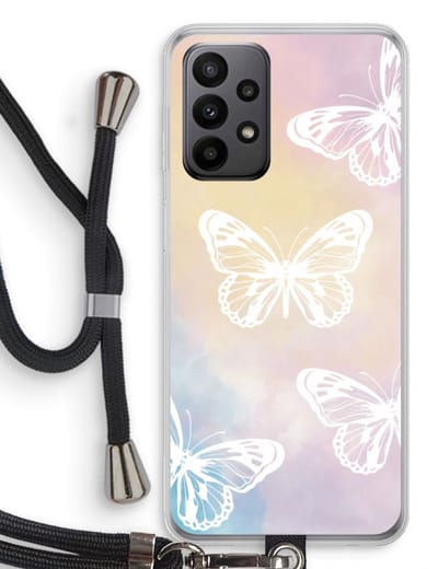 Case Company® - Hoesje met koord geschikt voor Samsung Galaxy A23 hoesje met Koord - White butterfly - Telefoonhoesje met Zwart Koord - Bescherming aan alle Kanten en Over de Schermrand