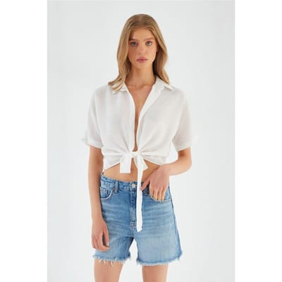 V-hals Touwsluiting Slim Fit Cropped Shirt