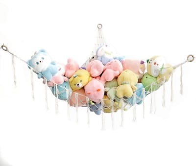 Opbergnet, hangmat voor het opbergen van knuffeldieren, hangmat, handgeweven katoenen touw, boho, wandmontage, organizer voor knuffeldieren, kinderkamer, 150 x 120 cm