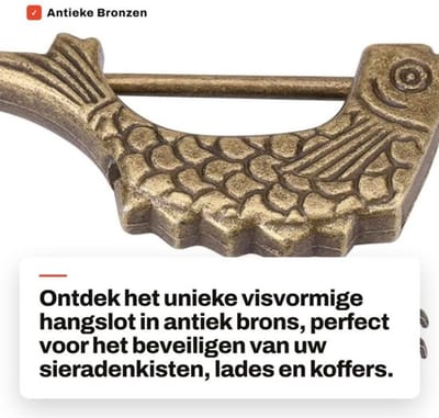 Hangslot Antiek Design - Hangslot voor Lades - Hangslot voor Sieraden - Hangslot voor Koffers - Hoogwaardige Metaal - Visvormige Sleutel - Decoratief Slot