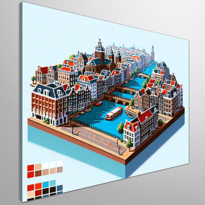 Pixel art amsterdam schilderij | Amsterdamse Schoonheid in Pixelvorm: Een Kunstzinnig Meesterwerk | Kunst - 30x30 centimeter op Canvas | Foto op Canvas
