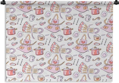 Wandkleed - Wanddoek - Patronen - Keuken - Schort - Koken - Pastel - 120x90 cm - Wandtapijt