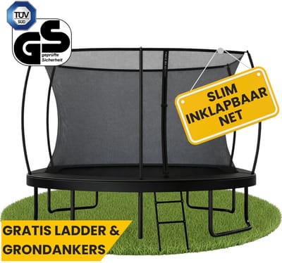 Zero Gravity trampoline 366x244cm rechthoekige – kindertrampoline met slim opvouwbaar veiligheidsnet – incl. ladder en grondankers – max. 130 kg - rechthoekige/ovale tuintrampoline - Ultima 5 Black Edition