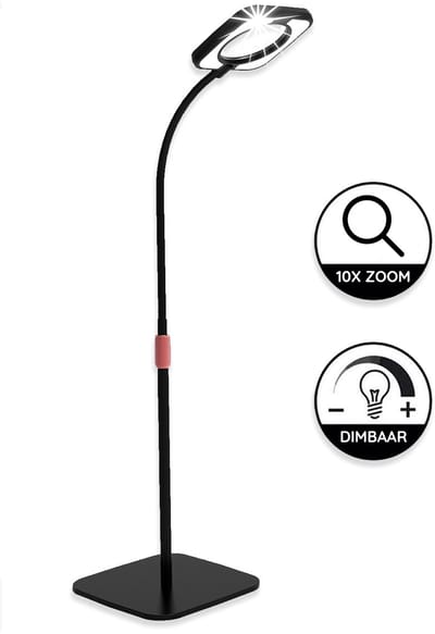 Wilberg Loeplamp Vloerstatief met LED Verlichting - Bureaulamp LED - Leeslamp - Zwart - Loeplamp met LED Verlichting - Diamond Painting Accessoire - Borduurlamp - Modelbouw lamp - Vergrootglas: 10X Zoom 56LED - 107 tot 148 cm