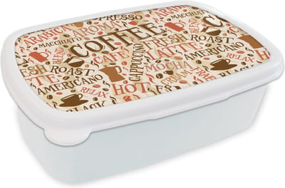 Broodtrommel Wit - Lunchbox - Brooddoos - Koffie - Vintage - Patroon - 18x12x6 cm - Volwassenen