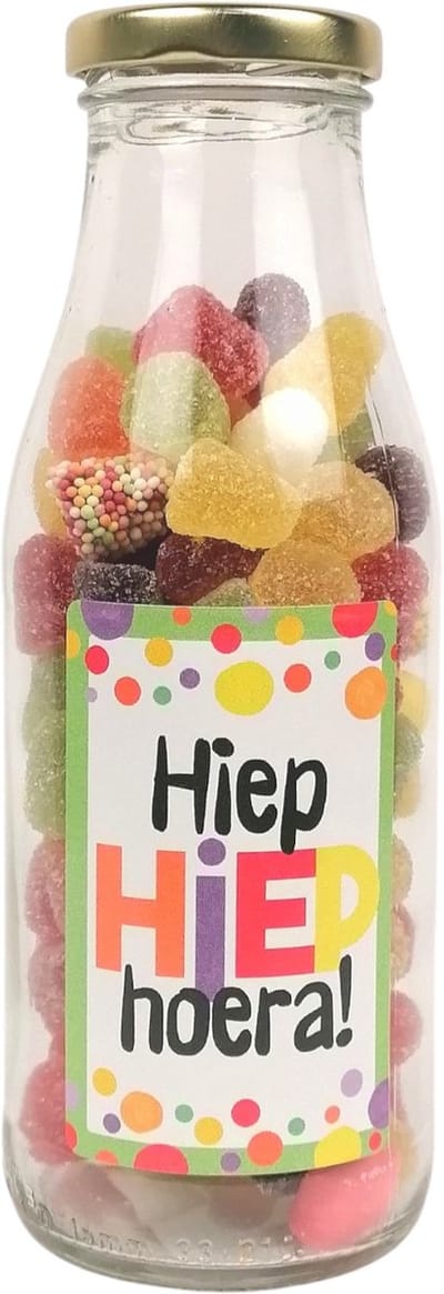 Verjaardagscadeau - Cadeaufles tum tum snoep "Hiep Hiep Hoera", verjaardagscadeautje - gefeliciteerd - geslaagd