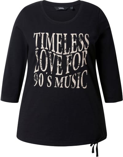 Ulla Popken - Dames - Shirt lettermotief ronde hals 3/4-mouwen zoomband - Zwart - Maat 42+