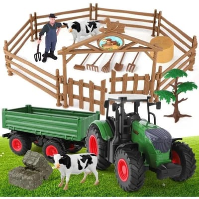 16,5  Grote Tractor Speelgoed, Boerderij Speelgoed, Boerderijdieren Set, Inclusief Vrachtwagen Speelgoed En Trailer, Hek, Boer, Dieren, Gereedschap, Boerderij Set Voor Cadeau beige