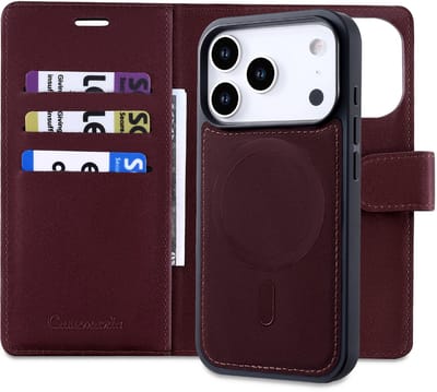 Casemania Hoesje Geschikt voor Apple iPhone 17 Pro - Mauve Taupe - 2 in 1 Bookcase met Velvet Finish - Geschikt voor MagSafe - Magnetisch Portemonnee Telefoonhoesje met Pasjeshouder en Afneembare Cover - Kunstleer Wallet Case