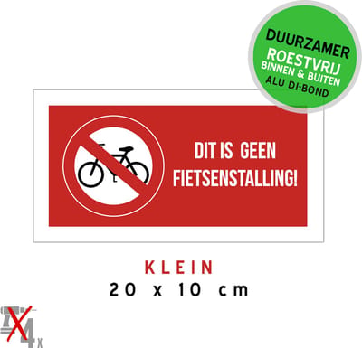 Picogram/ bord Dibond | "Dit is geen fietsenstalling" | 20 x 10 cm | Geen fietsen plaatsen | Fiets | Fietsers | Overlast | Raam | Rood | Duurzaam | Roestvrij | 1 stuk