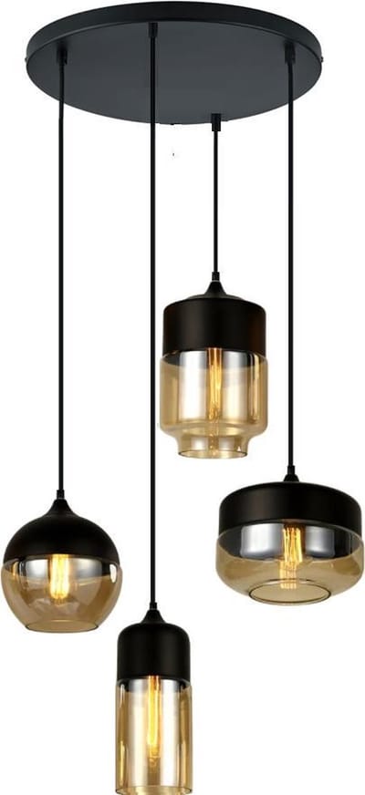 ByMus Moorea - Hanglamp Woonkamer - Zwart - Glas - Amber - Hanglamp industrieel - Hanglamp Eetkamer - Hanglamp set - Hanglamp modern - Inclusief plafondplaat Ø50 cm