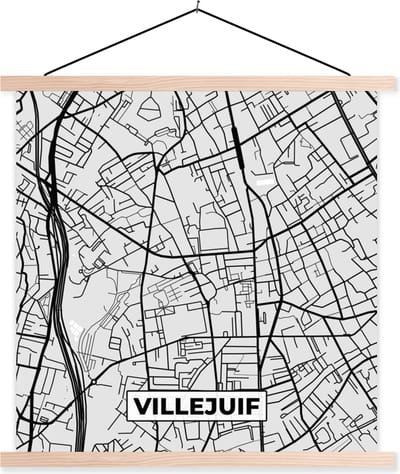 Posterhanger incl. Poster 40x40 cm - Schoolplaat - Plattegrond - Villejuif - Stadskaart - Kaart - Frankrijk - Textielposter - Blanke latten - Stadskaart