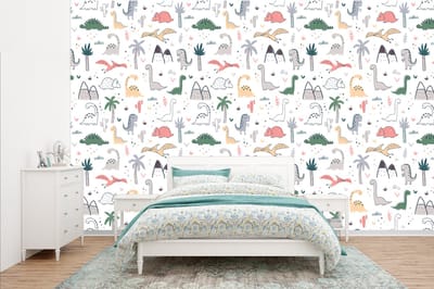Behang - Fotobehang Patronen - Dino - Boom - Jongetje - Jongens - Kinderen - Kids - Breedte 385 cm x hoogte 240 cm