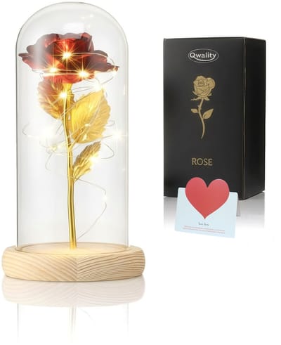 Luxe Roos in Glas met LED met Geschenk Kaartje – Gouden Roos in Glazen Stolp - Moederdag Cadeautje - Cadeau - Bekend van Beauty and the Beast - Cadeau voor vriendin moeder haar - Lichte Voet - Qwality®