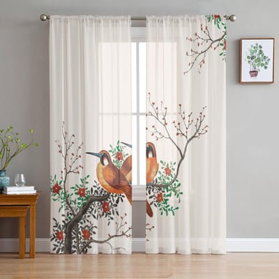 Chinese Stijl Pruimenbloesem Vogels Bloemen Doorzichtige Gordijnen voor Woonkamer Decoratie Raambekleding Keuken Tule Voile Gordijnen W135 x H115cm x1 white