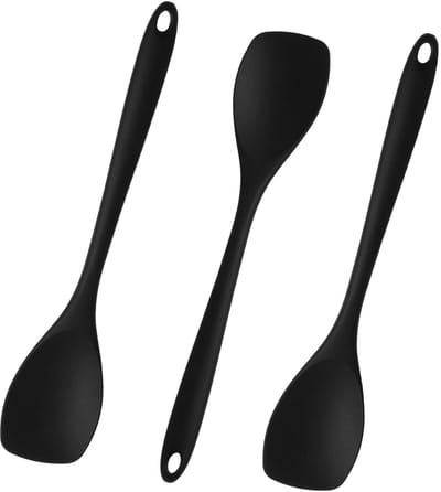 3 stuks lengte 27,5 cm zwarte kooklepel van hittebestendig silicone, ideaal voor pannen met antiaanbaklaag, ergonomisch, gemakkelijk te reinigen en vaatwasmachinebestendig