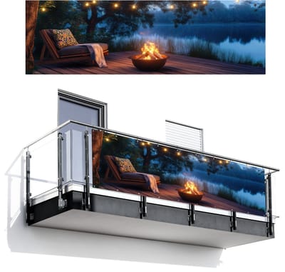 Balkonscherm 300x95 cm - Balkonposter Kampvuur - Meer - Avondlicht - Balkon scherm decoratie - Balkonschermen - Balkondoek zonnescherm