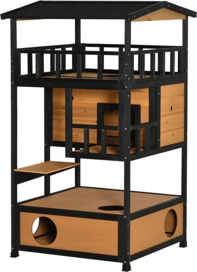 Kattenhuis voor buiten - Hok - Kooi - Bench - Ren - 3 verdiepingen - Weerbestendig - Duurzaam - Zwart