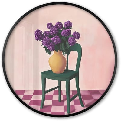 Poster in lijst Rond - Fotolijst 60x60 cm - Posters - Stoel - Vaas - Bloemen - Geblokt - Ronde posterlijst zwart - Decoratie - Wanddecoratie woonkamer - Muurdecoratie slaapkamer