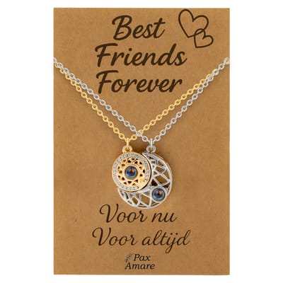 BFF Ketting voor 2 'Best Friends Forever' - Rondjes ILY IN 100 TALEN - Vriendschapsketting op Cadeau Kaartje - 45cm + 5cm verstelbaar - Goudkleurig & Zilverkleurig - Best Friends Hanger - Pax Amare