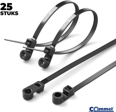 25x Commel Kabelbinders met Bevestigingsoog - ⌀6.2 mm - 381 x 7.6 mm - Zwart - Nylon - Treksterkte 55kg