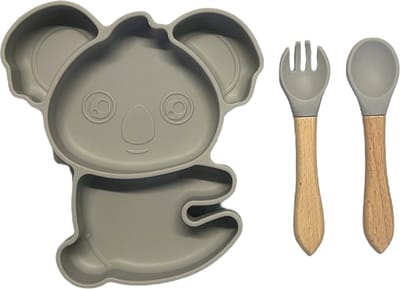 KimDo - Koala Siliconen babyservies set met zuignap - Grijs - Kinderservies set - Babybordje - Kinderbordje - Baby servies - Babybestek - Kinderbestek – Babybestek - Oven, vriezer en vaatwasserbestendig - BPA en PVC vrij bord